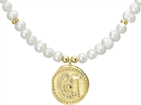 Manoki Elegancki perłowy naszyjnik z pozłacaną antyczną monetą