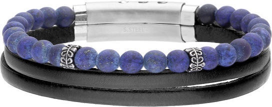 Manoki Męska bransoletka czarne skórzane rzemienie i niebieskie koraliki lapis lazuli