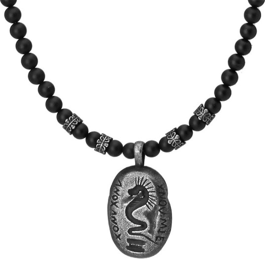 Manoki Męski naszyjnik z czarnymi koralikami onyksu i medalionem z wężem