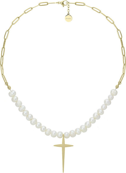 Manoki Naszyjnik pozłacany łańcuch z perłami i krzyżem ze stali szlachetnej
