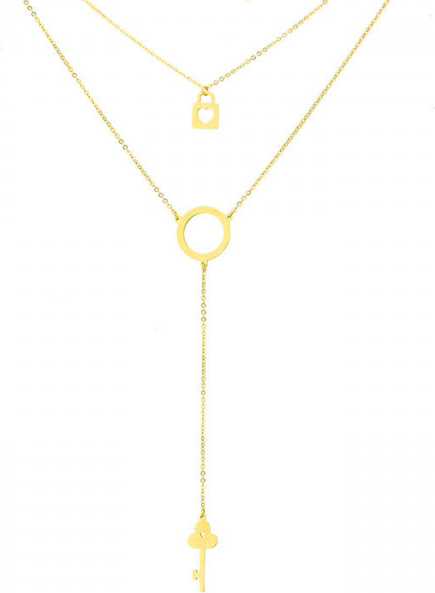 Manoki Złoty naszyjnik z kluczykiem, kłódką i kółeczkiem, symbol karmy