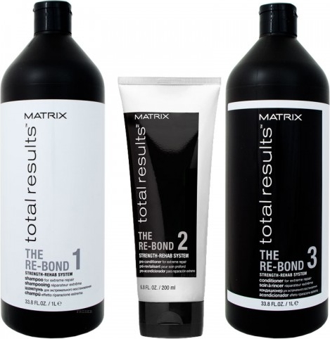 MATRIX TOTAL RESULTS The Re-Bond Zestaw Odbudowywujący włosy Zniszczone szampon 1000ml, Kuracja przed odżywką 200ml, Odzywka 1000ml