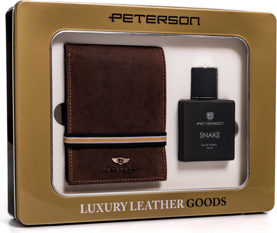 Merg Zestaw prezentowy: brązowy, skórzany portfel męski i woda toaletowa — Peterson