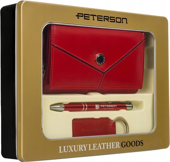 Merg Zestaw prezentowy: średni, skórzany portfel damski, brelok i długopis — Peterson