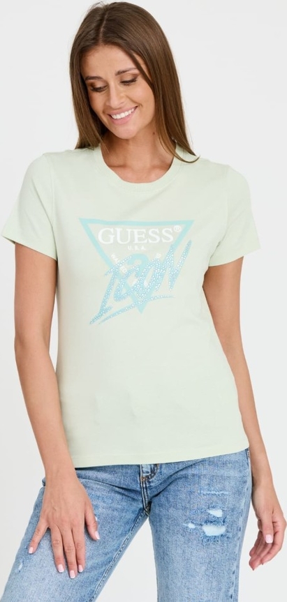 Miętowy t-shirt Guess z krótkim rękawem z okrągłym dekoltem w młodzieżowym stylu