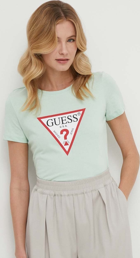 Miętowy t-shirt Guess z okrągłym dekoltem w młodzieżowym stylu