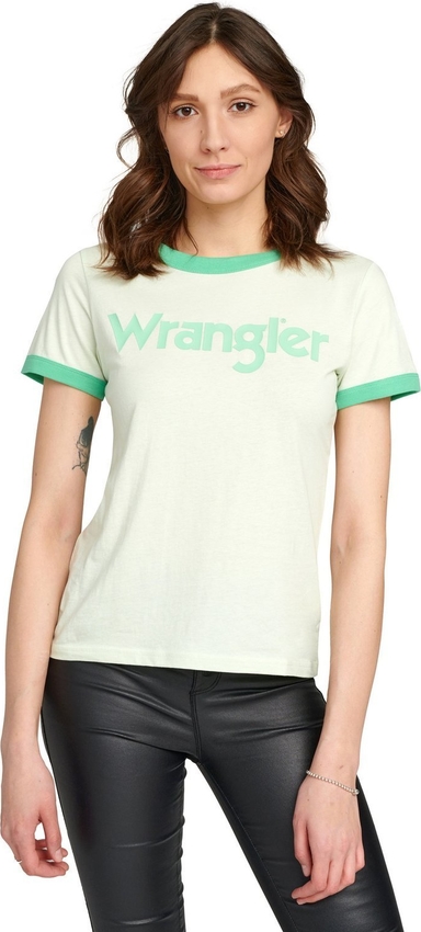Miętowy t-shirt Wrangler w młodzieżowym stylu z okrągłym dekoltem z krótkim rękawem