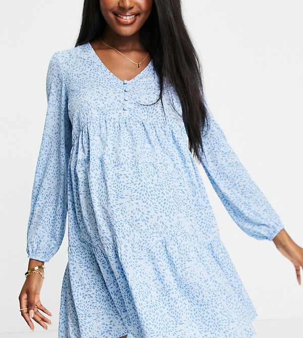 New Look Maternity – Niebieska luźna sukienka z długim rękawem i wzorem-Niebieski