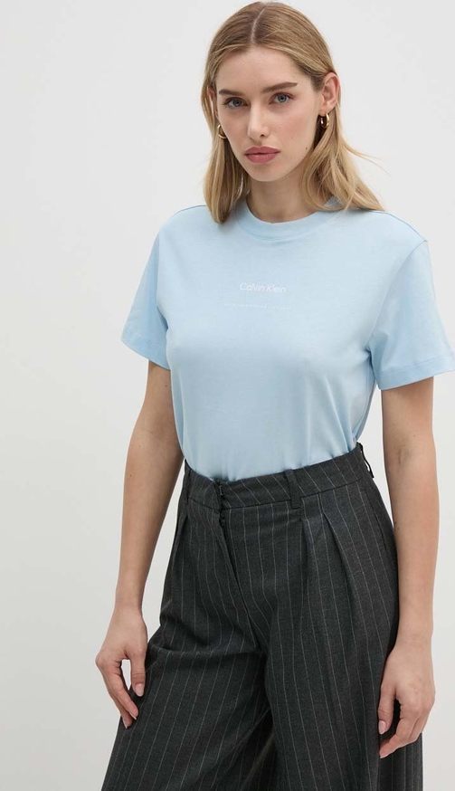 Niebieska bluzka Calvin Klein z okrągłym dekoltem z bawełny z krótkim rękawem