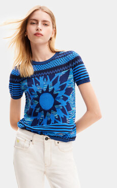 Niebieska bluzka Desigual z krótkim rękawem z okrągłym dekoltem w młodzieżowym stylu