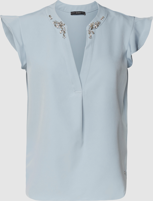 Niebieska bluzka Guess w stylu casual z krótkim rękawem z dekoltem w kształcie litery v