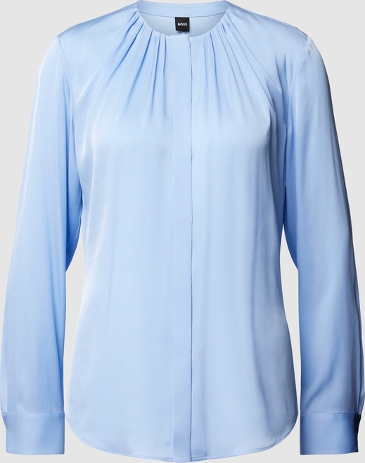 Niebieska bluzka Hugo Boss z długim rękawem z jedwabiu z okrągłym dekoltem