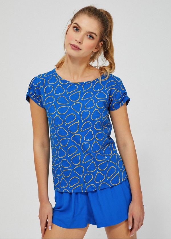 Niebieska bluzka Moodo.pl z okrągłym dekoltem z nadrukiem