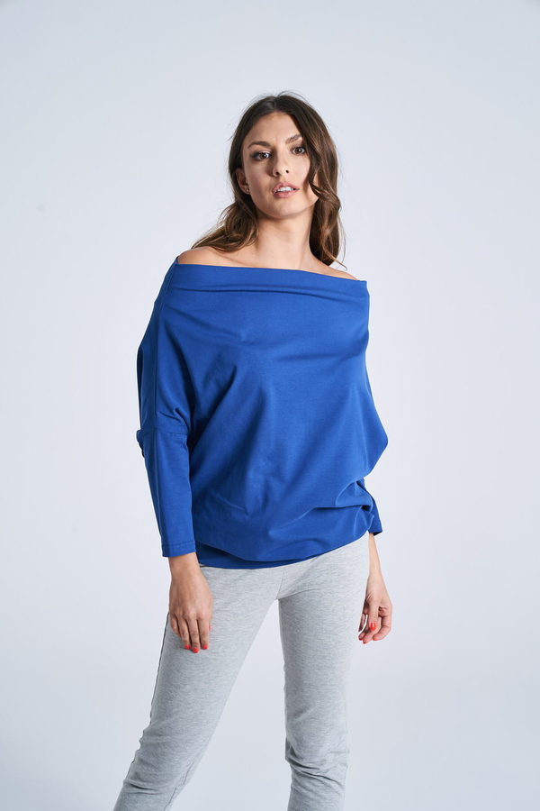 Niebieska bluzka Odczapy z bawełny z okrągłym dekoltem