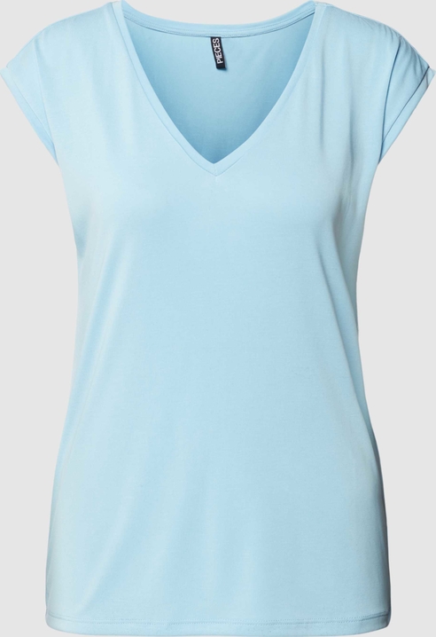 Niebieska bluzka Pieces w stylu casual z krótkim rękawem z dekoltem w kształcie litery v