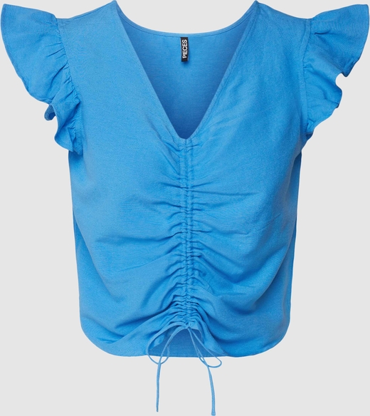 Niebieska bluzka Pieces z krótkim rękawem z bawełny