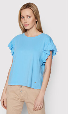 Niebieska bluzka PLEASE w stylu casual z okrągłym dekoltem z krótkim rękawem