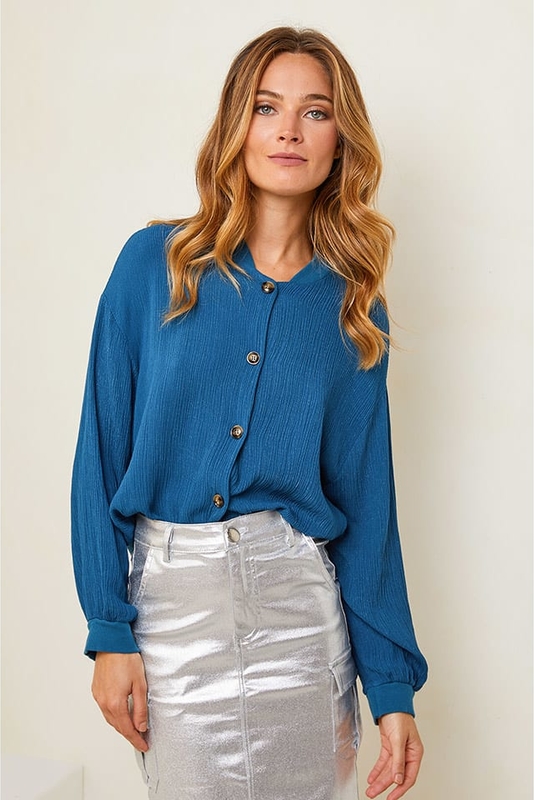 Niebieska bluzka Plume w stylu casual z długim rękawem