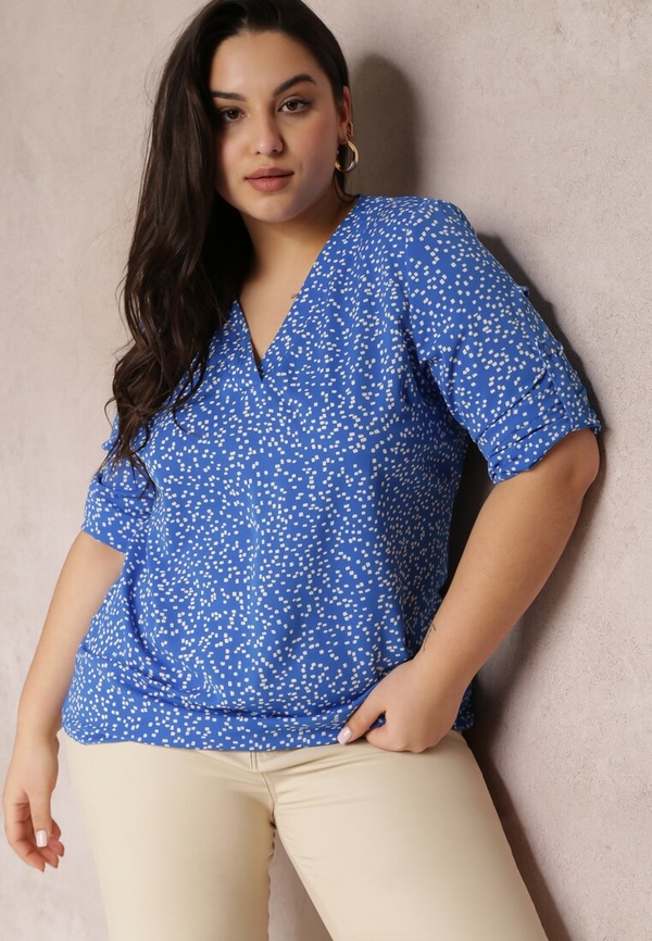 Niebieska bluzka Renee w stylu casual z dekoltem w kształcie litery v z krótkim rękawem