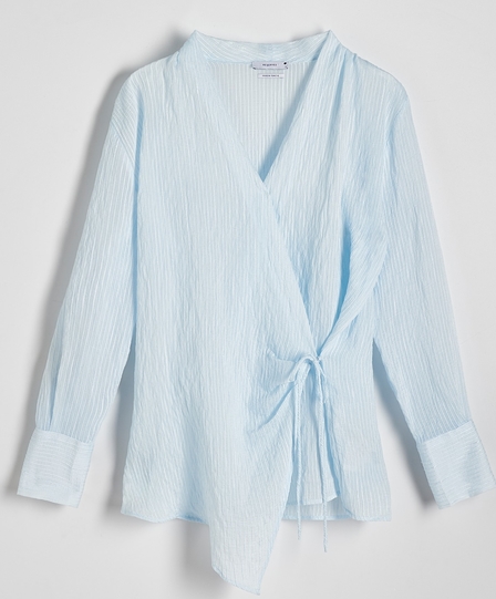Niebieska bluzka Reserved z długim rękawem z dekoltem w kształcie litery v z tkaniny