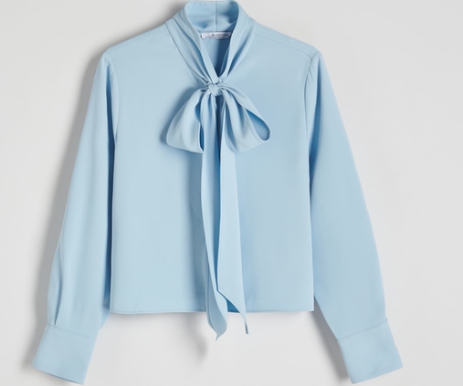 Niebieska bluzka Reserved z długim rękawem z tkaniny z dekoltem w kształcie litery v
