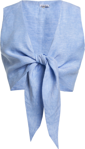 Niebieska bluzka SIDRO z dekoltem w kształcie litery v z lnu z długim rękawem