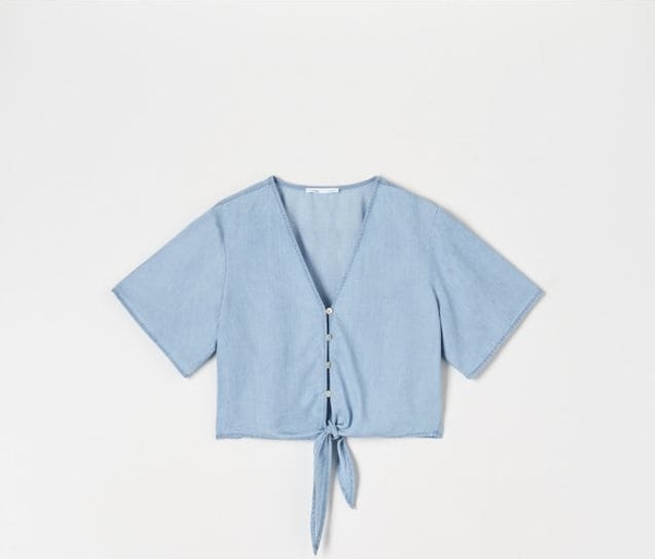 Niebieska bluzka Sinsay z krótkim rękawem z dekoltem w kształcie litery v