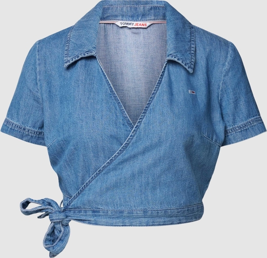 Niebieska bluzka Tommy Jeans z dekoltem w kształcie litery v z krótkim rękawem z jeansu
