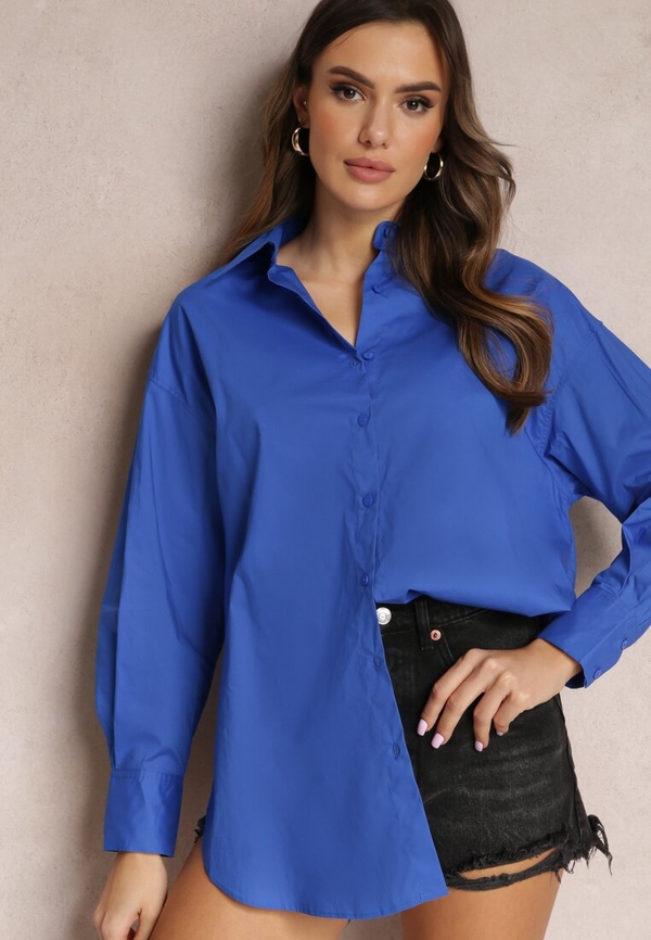 Niebieska koszula Renee z bawełny w stylu casual z długim rękawem