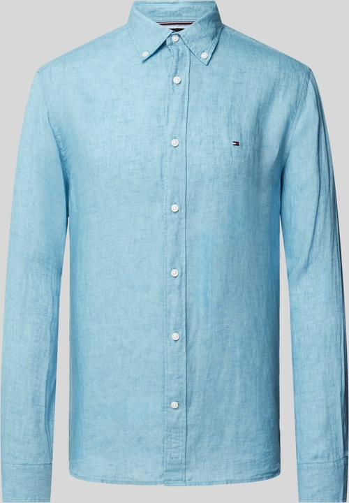 Niebieska koszula Tommy Hilfiger w stylu casual z lnu z kołnierzykiem button down