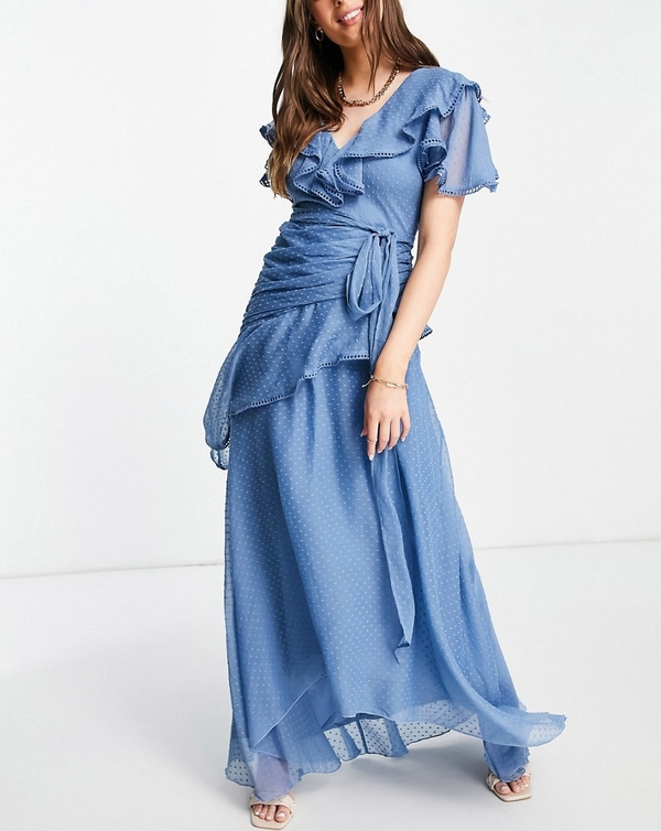 Niebieska sukienka Asos maxi z dekoltem w kształcie litery v z krótkim rękawem