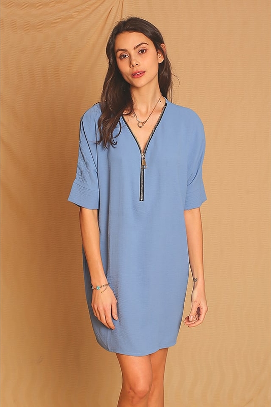 Niebieska sukienka ASSUILI w stylu casual prosta z długim rękawem