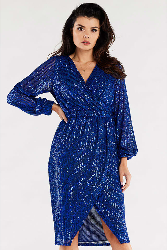 Niebieska sukienka Awama w stylu casual z dekoltem w kształcie litery v midi