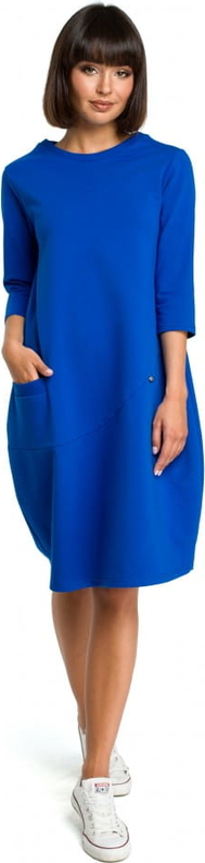 Niebieska sukienka Be z dzianiny z okrągłym dekoltem bombka