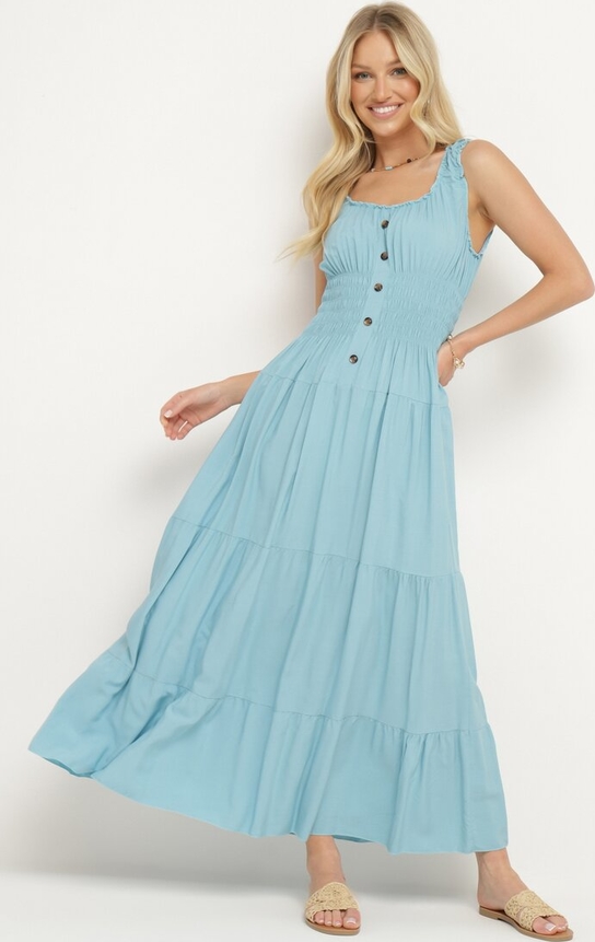 Niebieska sukienka born2be maxi w stylu klasycznym z dekoltem w kształcie litery v