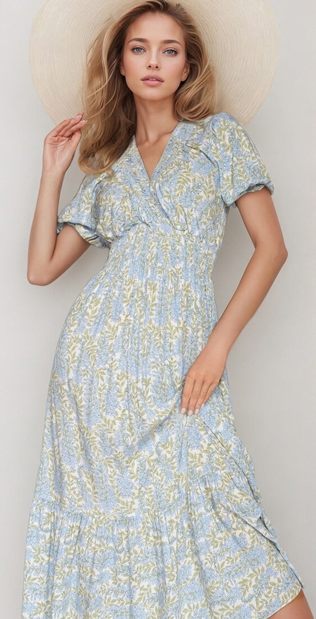 Niebieska sukienka born2be maxi z dekoltem w kształcie litery v w stylu casual