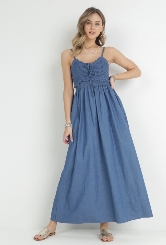 Niebieska sukienka born2be maxi z dekoltem w kształcie litery v z bawełny