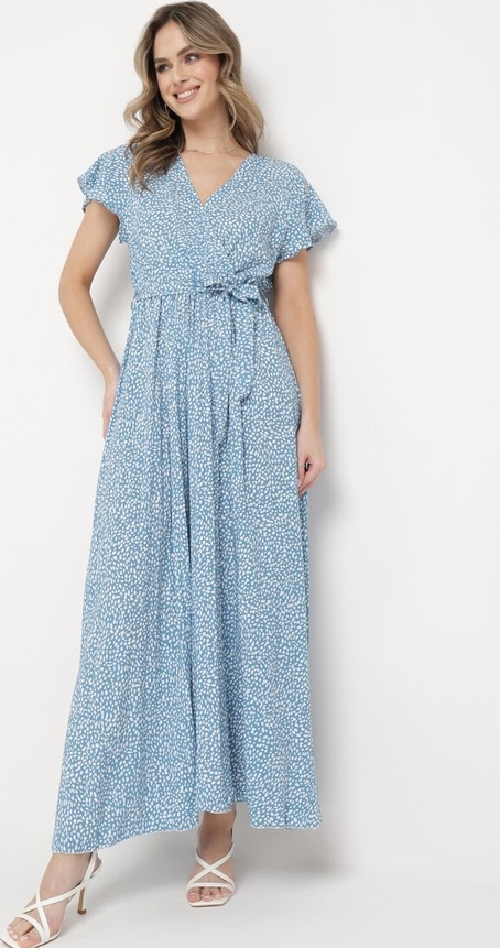 Niebieska sukienka born2be maxi z krótkim rękawem z dekoltem w kształcie litery v
