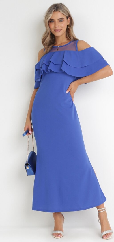 Niebieska sukienka born2be maxi z okrągłym dekoltem