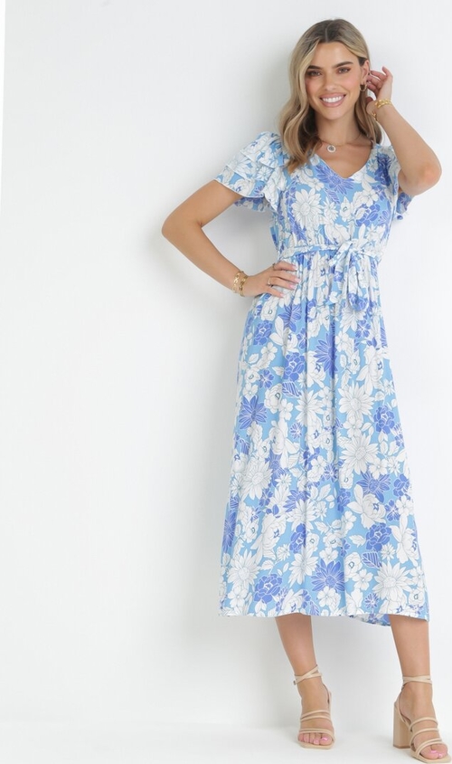 Niebieska sukienka born2be midi w stylu casual z dekoltem w kształcie litery v