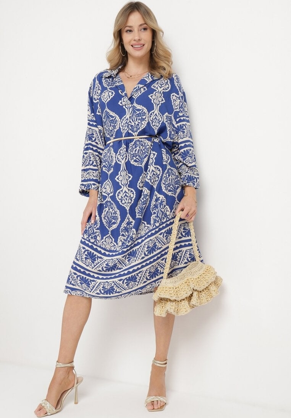 Niebieska sukienka born2be midi w stylu klasycznym z dekoltem w kształcie litery v