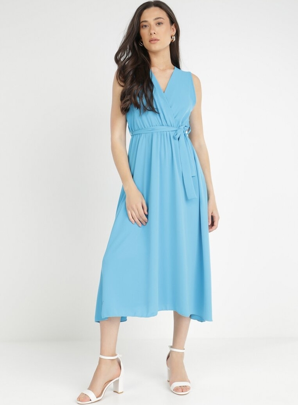 Niebieska sukienka born2be midi z dekoltem w kształcie litery v bez rękawów
