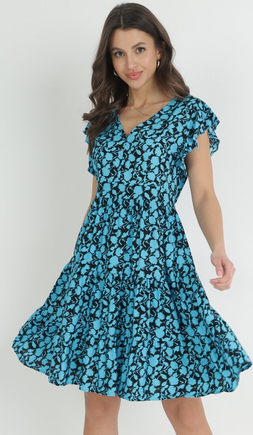 Niebieska sukienka born2be mini z krótkim rękawem z dekoltem w kształcie litery v