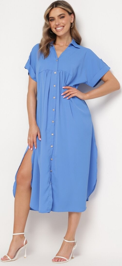 Niebieska sukienka born2be w stylu klasycznym z dekoltem w kształcie litery v z krótkim rękawem