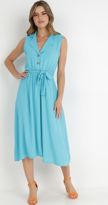 Niebieska sukienka born2be z dekoltem w kształcie litery v bez rękawów midi
