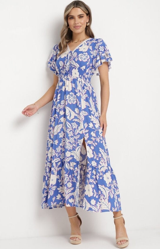 Niebieska sukienka born2be z dekoltem w kształcie litery v z krótkim rękawem w stylu casual