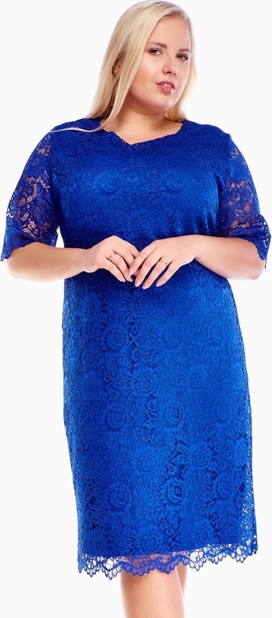 Niebieska sukienka Fokus midi z okrągłym dekoltem z długim rękawem
