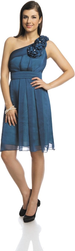 Niebieska sukienka Fokus z asymetrycznym dekoltem z szyfonu