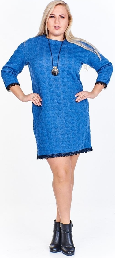 Niebieska sukienka Fokus z długim rękawem z okrągłym dekoltem z jeansu