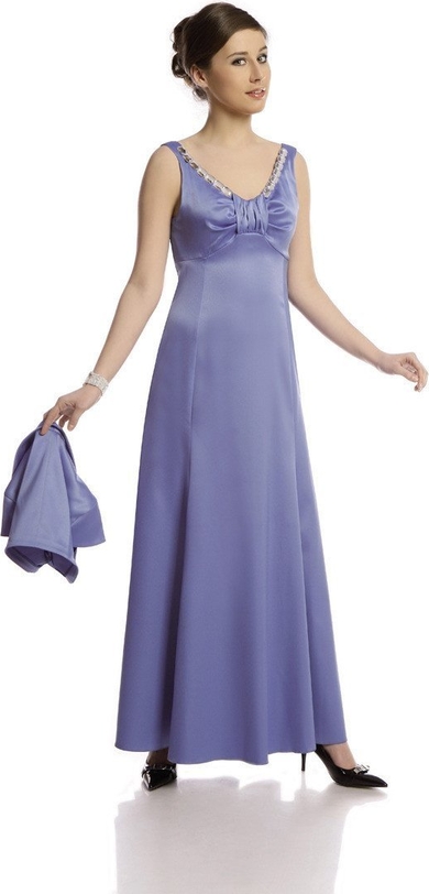 Niebieska sukienka Fokus z satyny z dekoltem w kształcie litery v maxi
